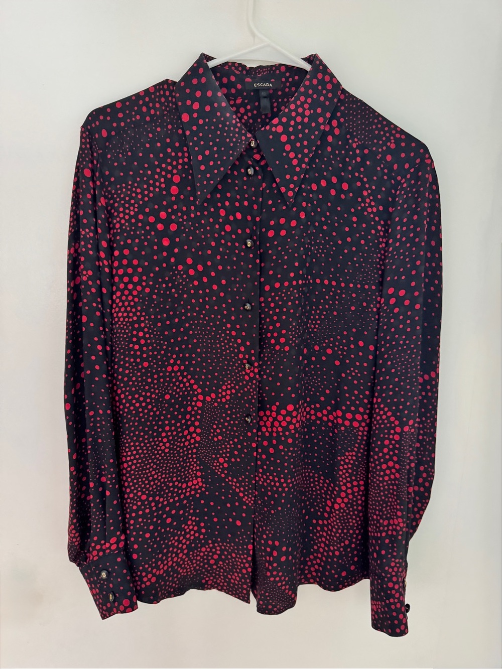 Vintage 90s Escada Red and Black “Galaxy” Polka Dot Silk Blouse